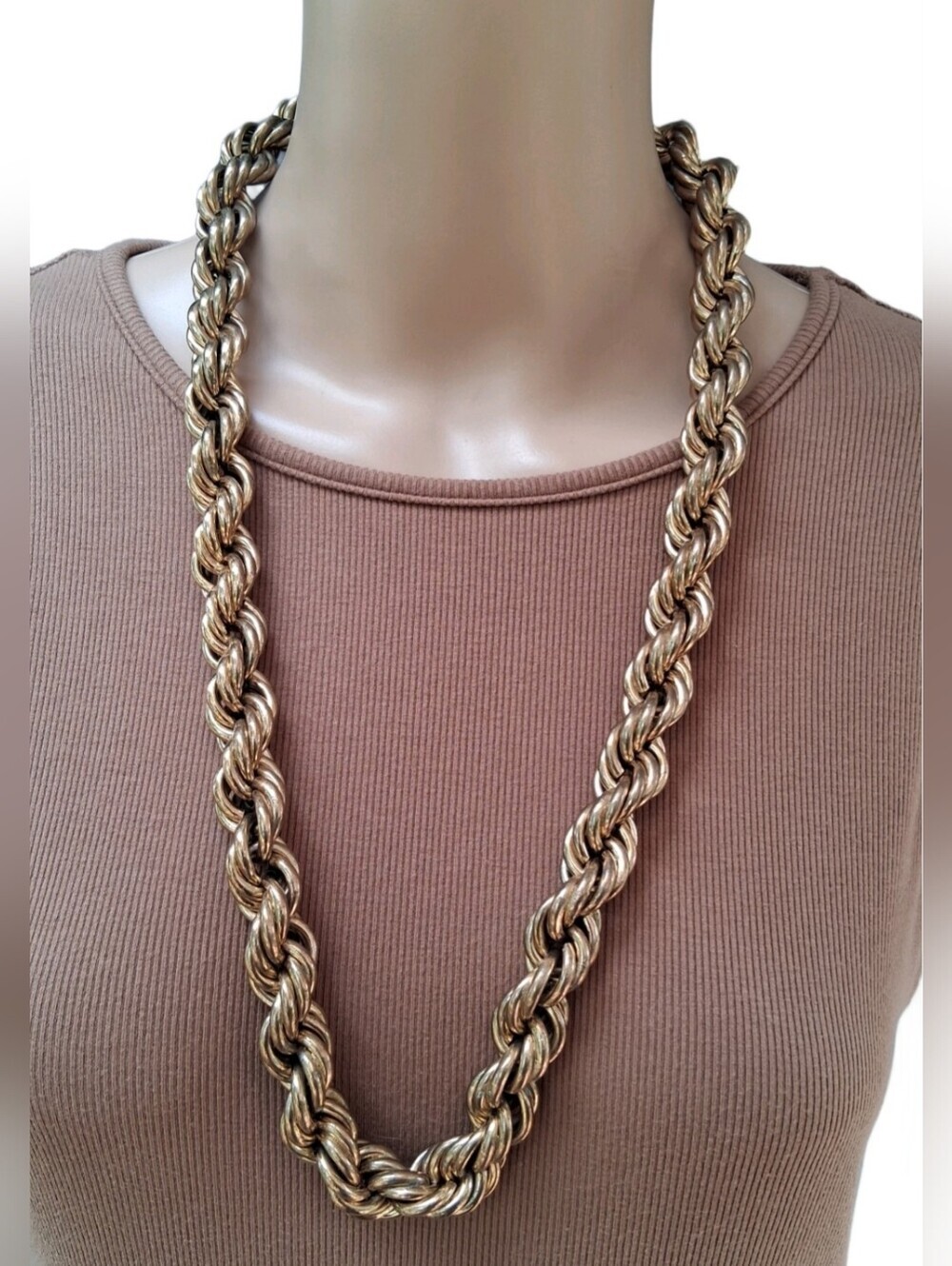 VTG 18K GP Stamped Chunky Rope Chain Necklace Heavy Twisted Statement